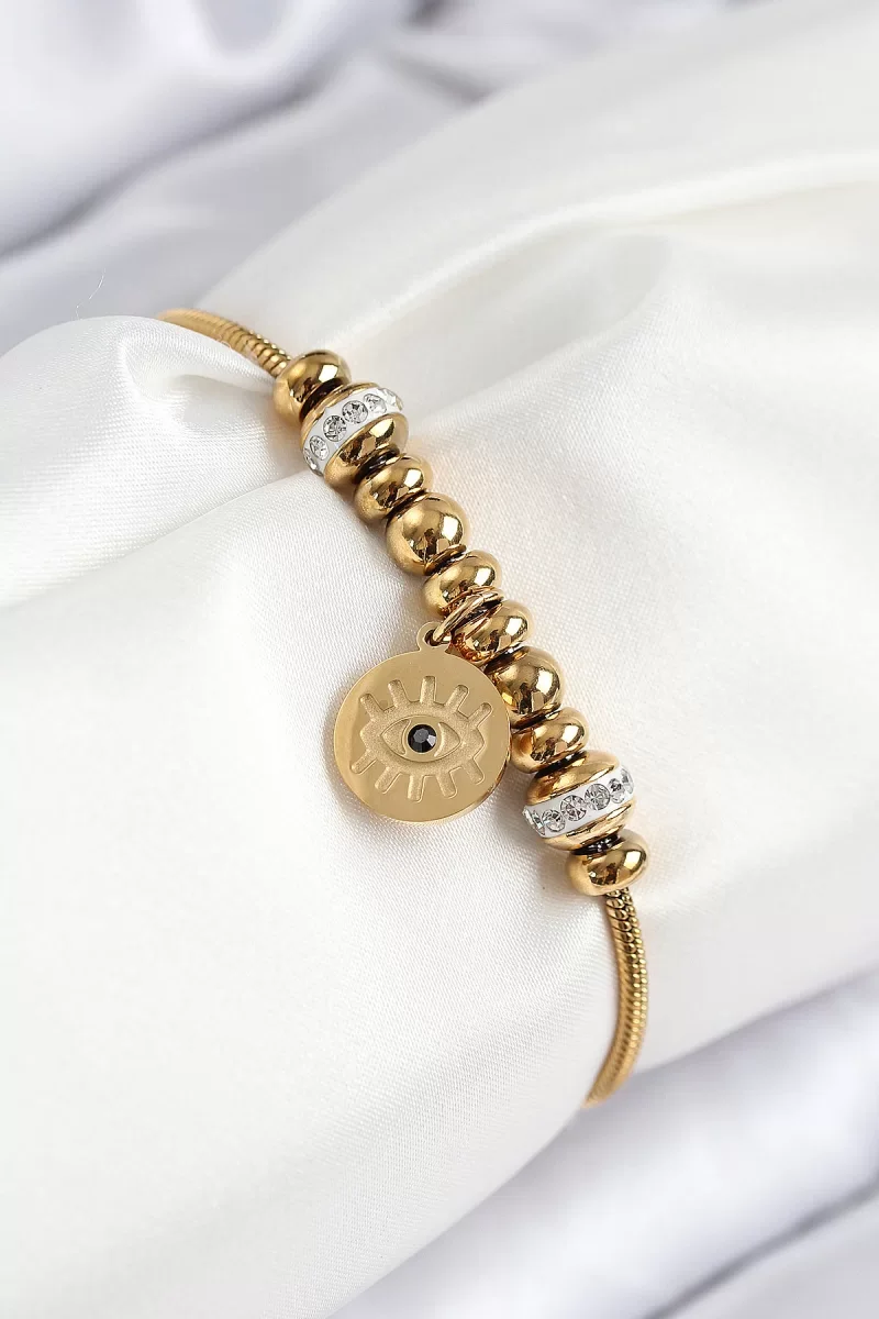 316L Çelik Zirkon Taşlı Göz Charm Model Gold Renk Kadın Bileklik 