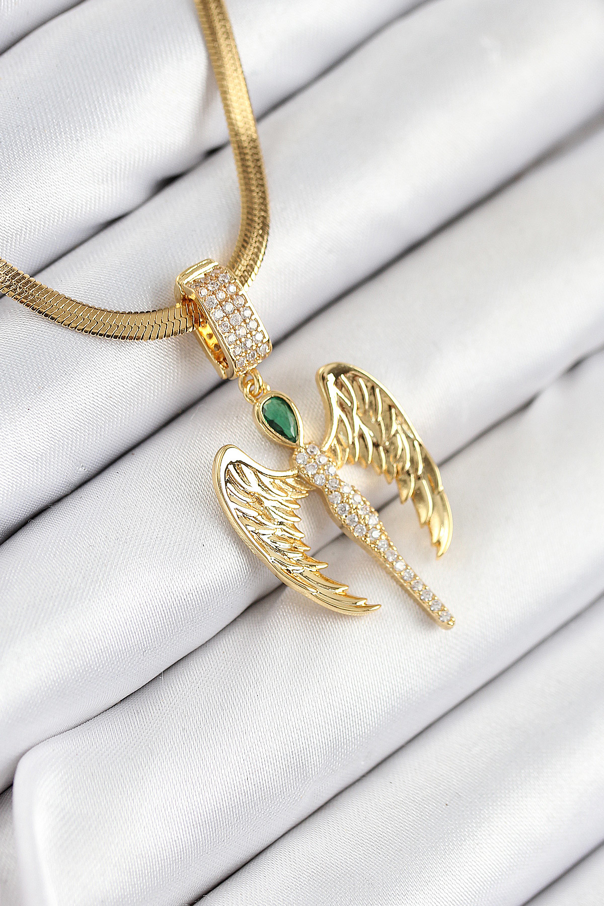316L Çelik Zirkon Taşlı Melek Model Gold Renk Kadın Kolye - TJ-BK