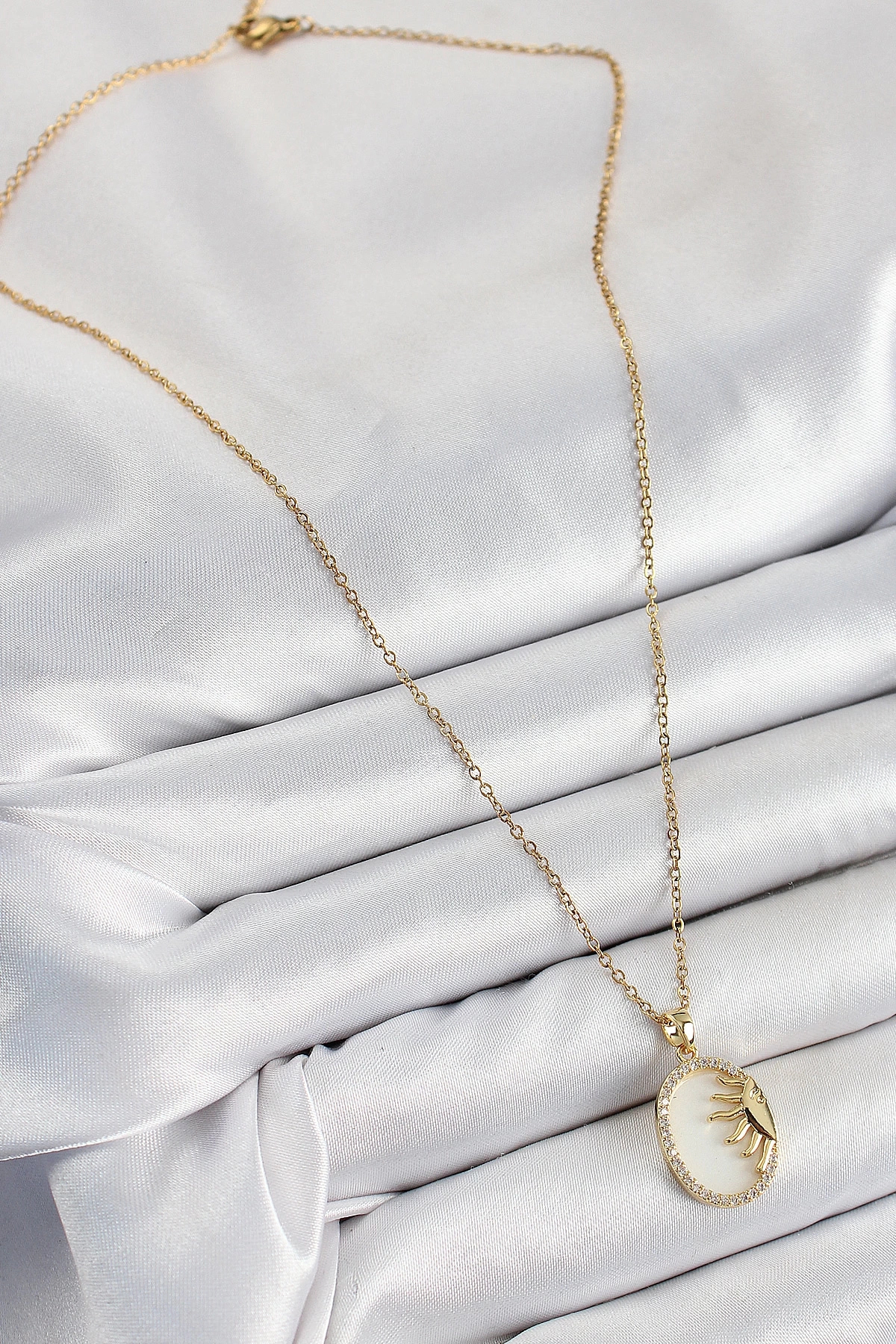 Butik 316L Çelik Zirkon Taşlı Yarım Güneş Model Gold Renk Kadın Kolye