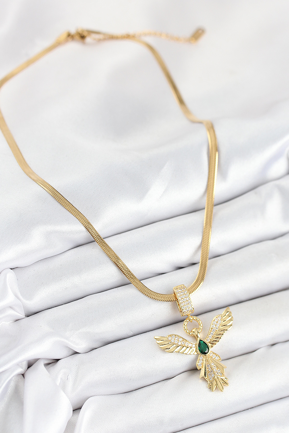 316L Çelik Zirkon Taşlı Melek Model Gold Renk Kadın Kolye - TJ-BK