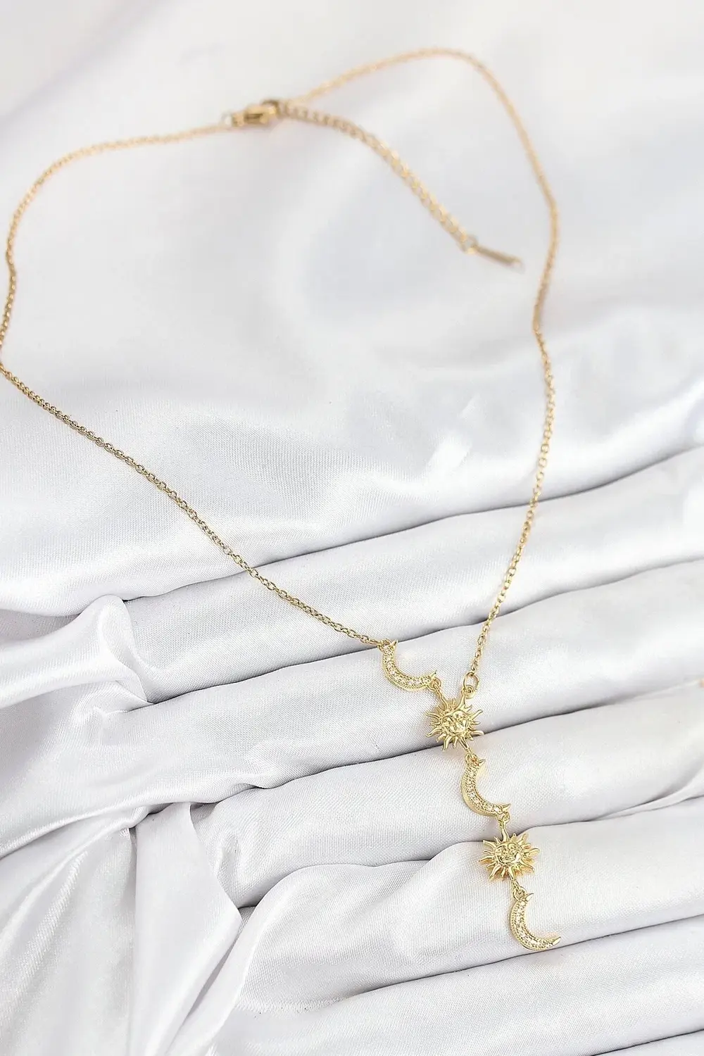 316L Çelik Zirkon Taşlı Güneş Ve Ay Model Gold Renk Kadın Kolye