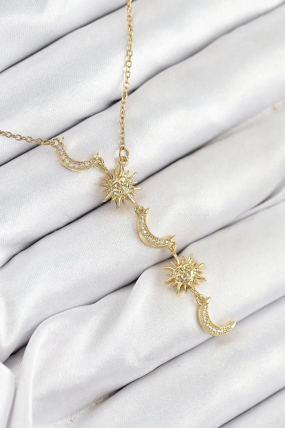 316L Çelik Zirkon Taşlı Güneş Ve Ay Model Gold Renk Kadın Kolye