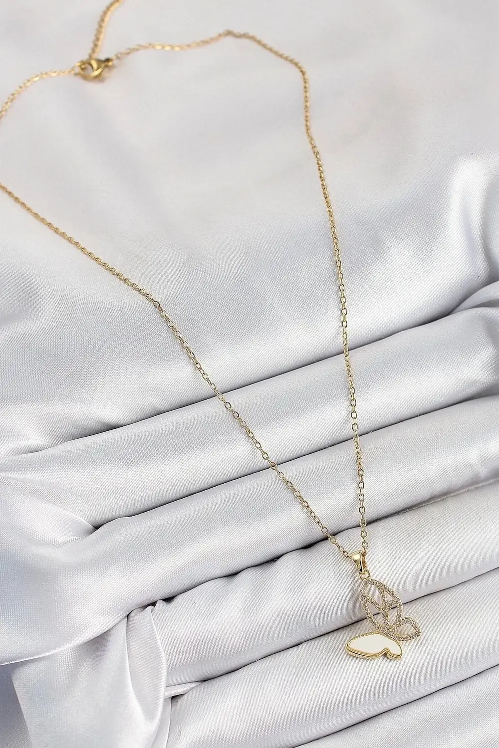 316L Çelik Zirkon Taşlı Kelebek Model Gold Renk Kadın Kolye