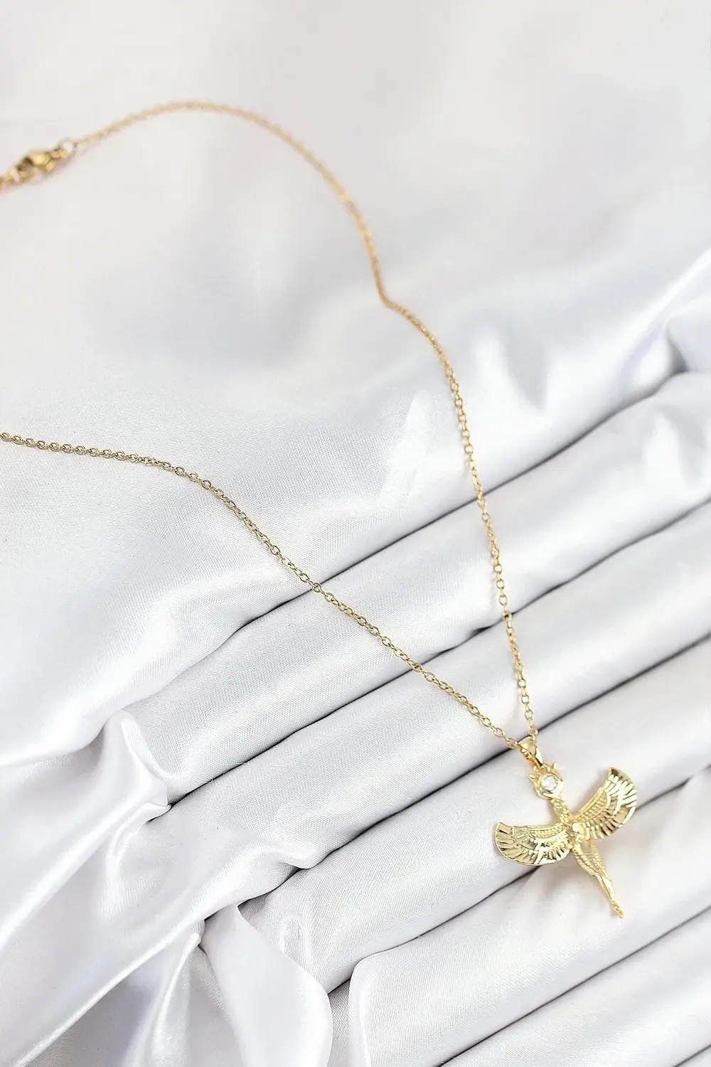 316L Çelik Zirkon Taşlı Melek Model Gold Renk Kadın Kolye