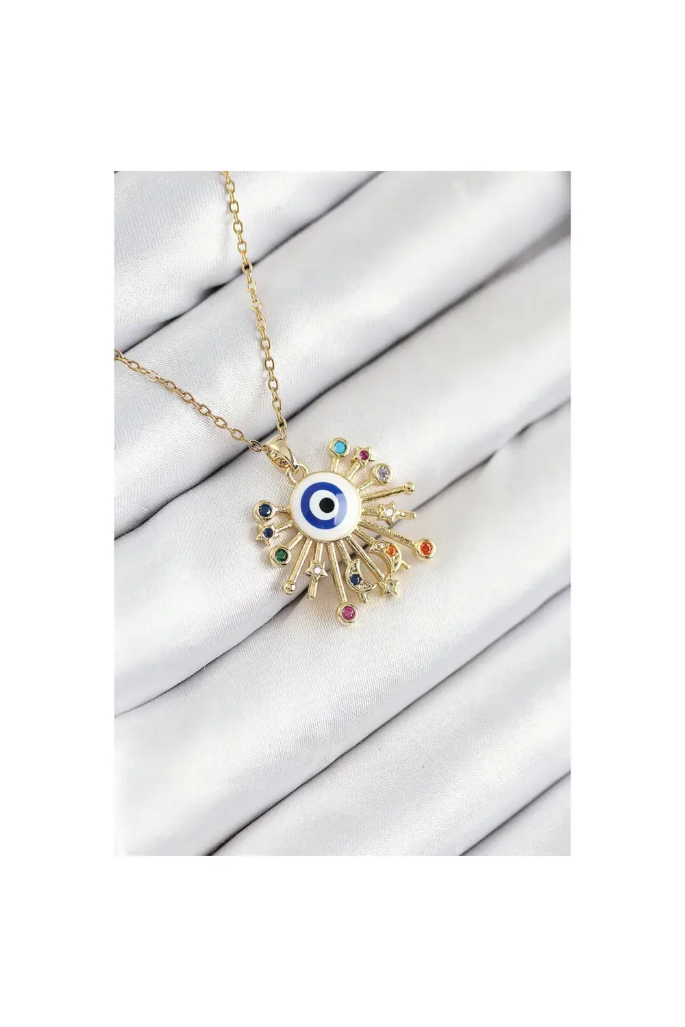 316L Çelik Zirkon Taşlı Nazar Model Gold Renk Kadın Kolye