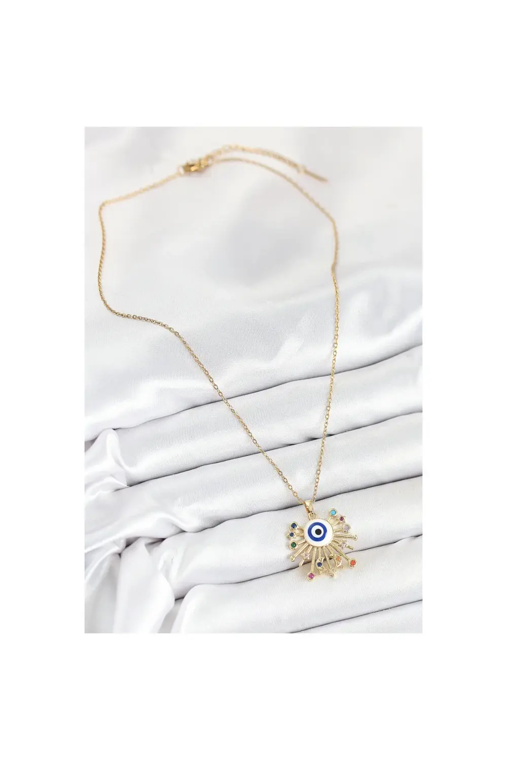 316L Çelik Zirkon Taşlı Nazar Model Gold Renk Kadın Kolye