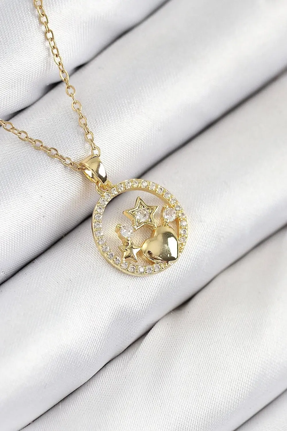 316L Çelik Zirkon Taşlı Yıldız Ve Kalp Model Gold Renk Kadın Koly