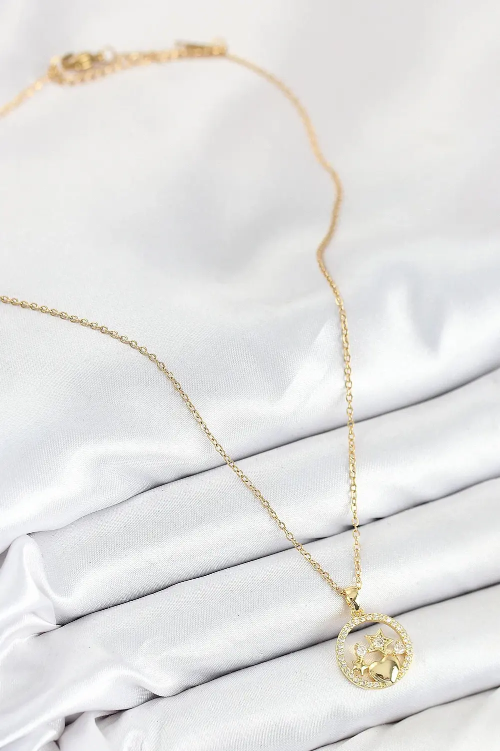 316L Çelik Zirkon Taşlı Yıldız Ve Kalp Model Gold Renk Kadın Koly