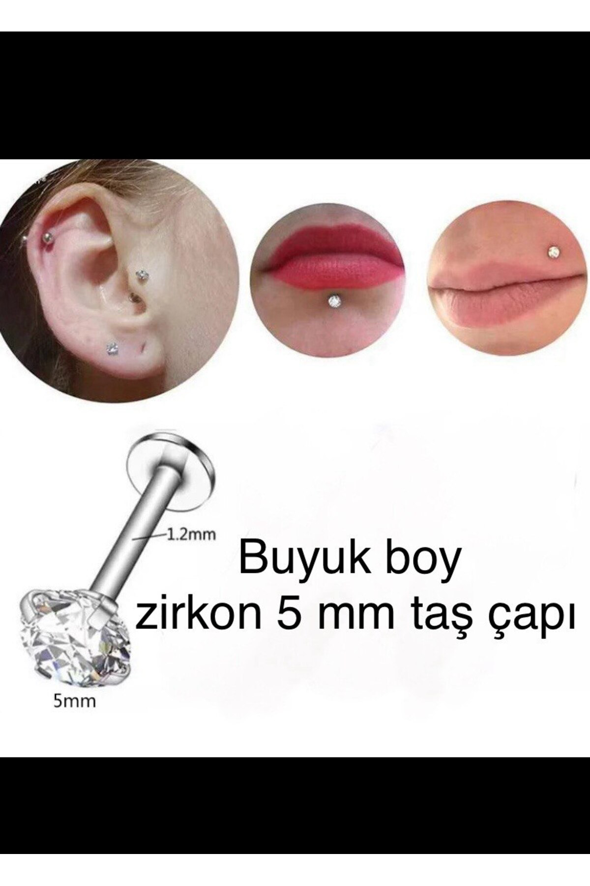Arescollection 316L Cerrahi Çelik Büyük Boy Zirkon Tek Taş Tragus Helix Conch Kı
