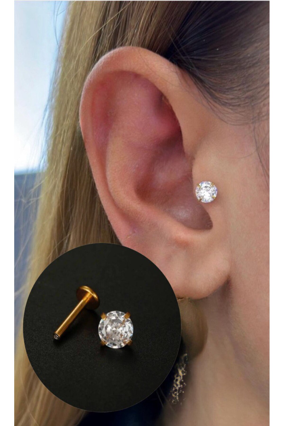 Arescollection 316L Cerrahi Çelik Büyük Boy Zirkon Tek Taş Tragus Helix Conch Kı