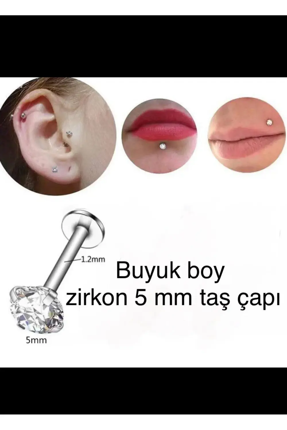 Arescollection 316L Cerrahi Çelik Büyük Boy Zirkon Tek Taş Tragus Helix Conch Kı