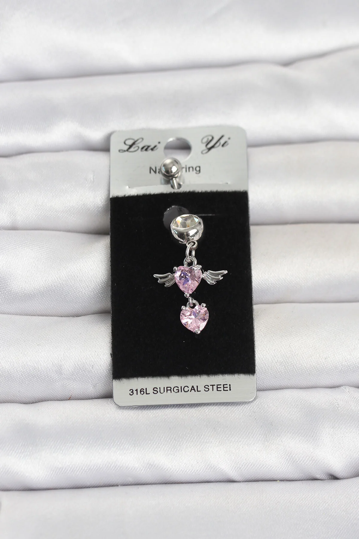 316L Cerrahi Çelik Pembe Zirkon Taşlı Kanat Model Göbek Piercing