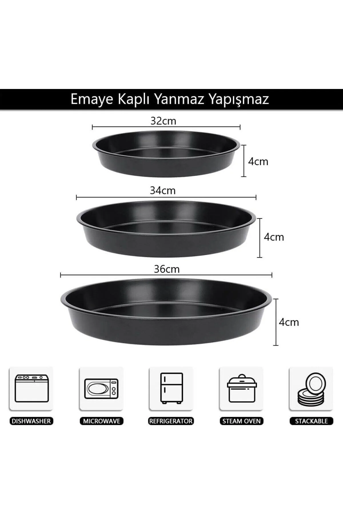 32-34-36 Cm 3'Lü Emaye Yuvarlak Pizza Fırın Tepsi Seti Siyah 32 X