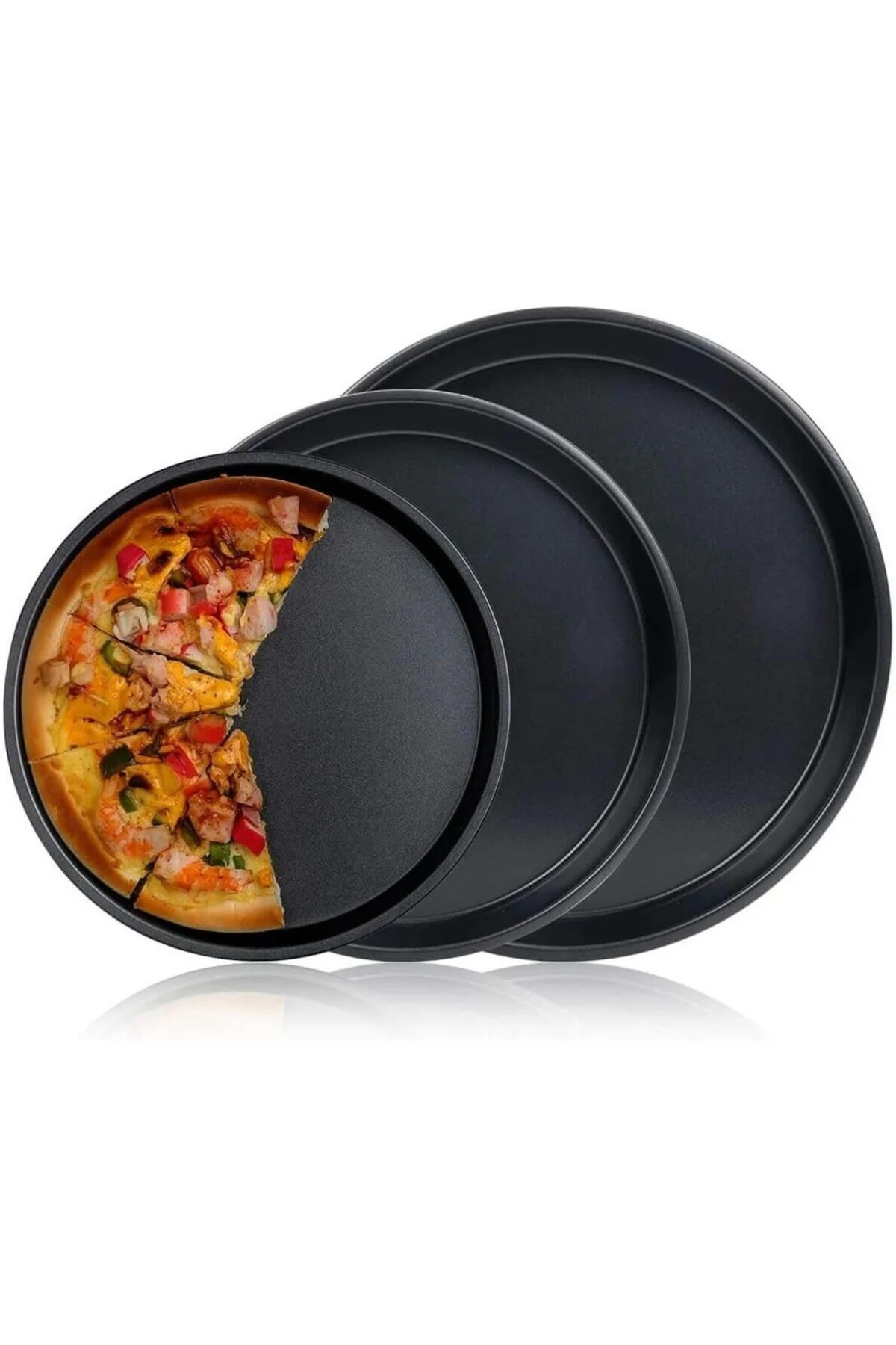 32-34-36 Cm 3'Lü Emaye Yuvarlak Pizza Fırın Tepsi Seti Siyah 32 X
