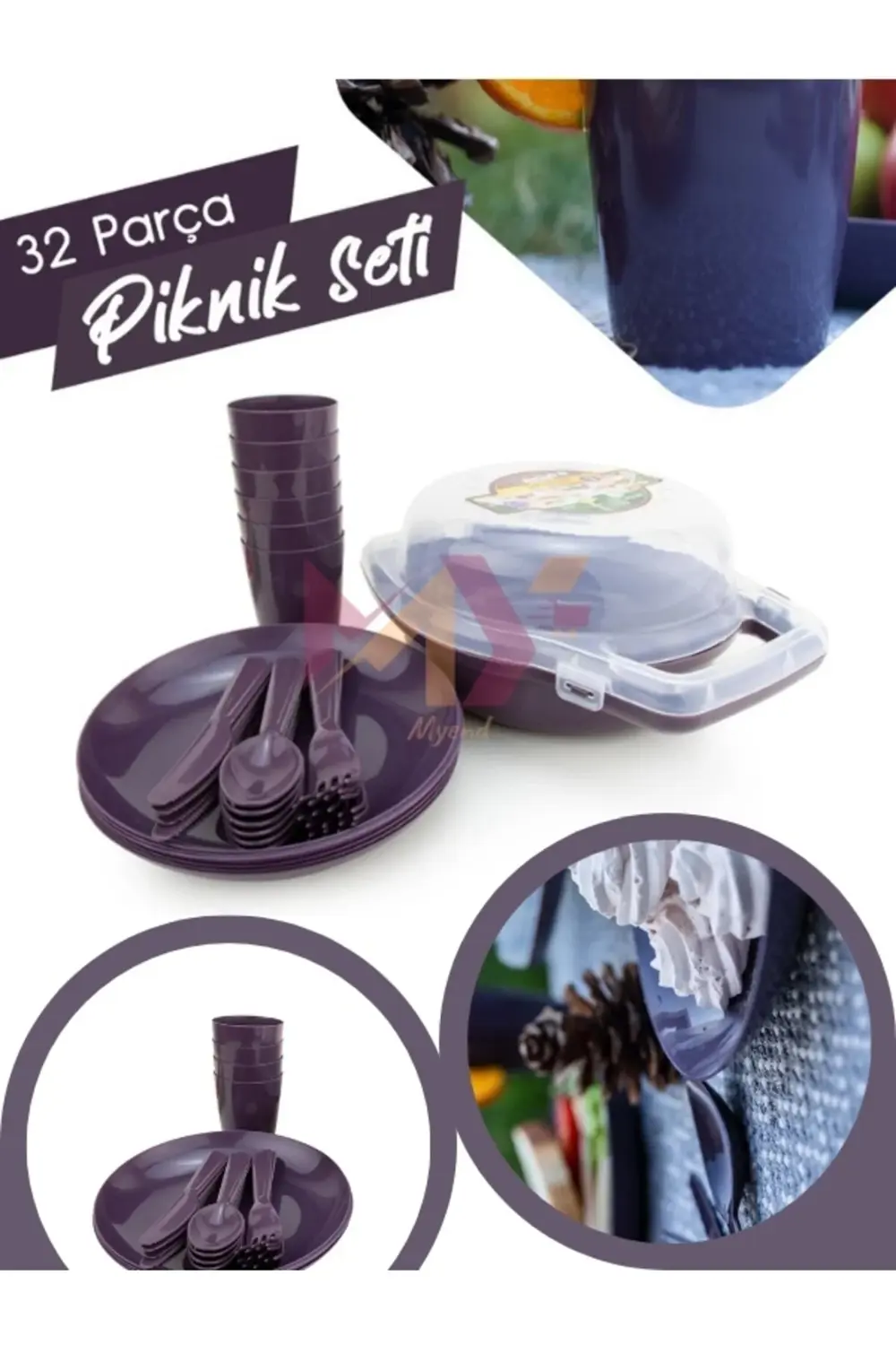 32 Parça Piknik Seti, Kilitli Taşıma Çantalı 32'li Plastik Piknik