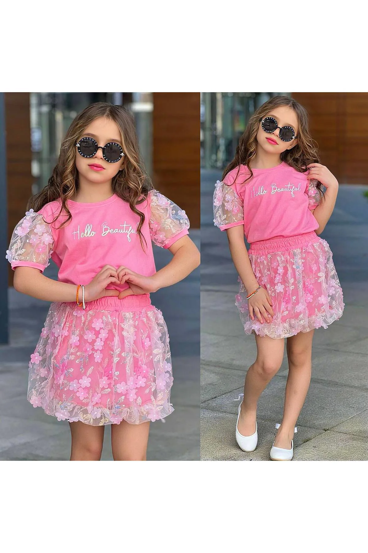 32097 HELLO BEAUTİFUL TÜLLÜ BALON ETEK KIZ TAKIM