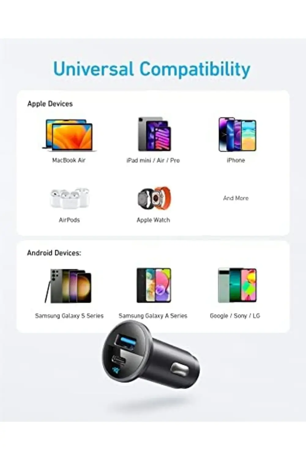 323 Araç Şarj Cihazı, 52.5W, USB-C portu maksimum 30W, USB-A port