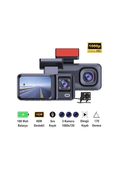 32GB Uyumlu 3 Kameralı Araç İçi Güvenlik Kamerası 1080p Kayıtlı Gece Görüşlü G Sensörlü