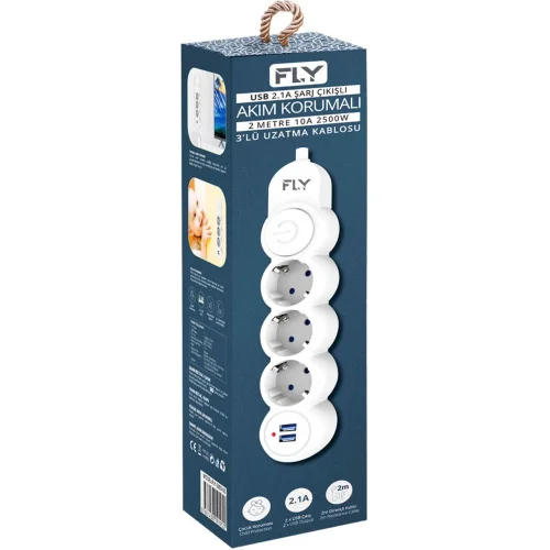 3393-01, 3 Soket, 2 USB, Akım Korumalı Priz, 2.1A, Anahtarlı, 2Mt Kablo, (Beyaz)