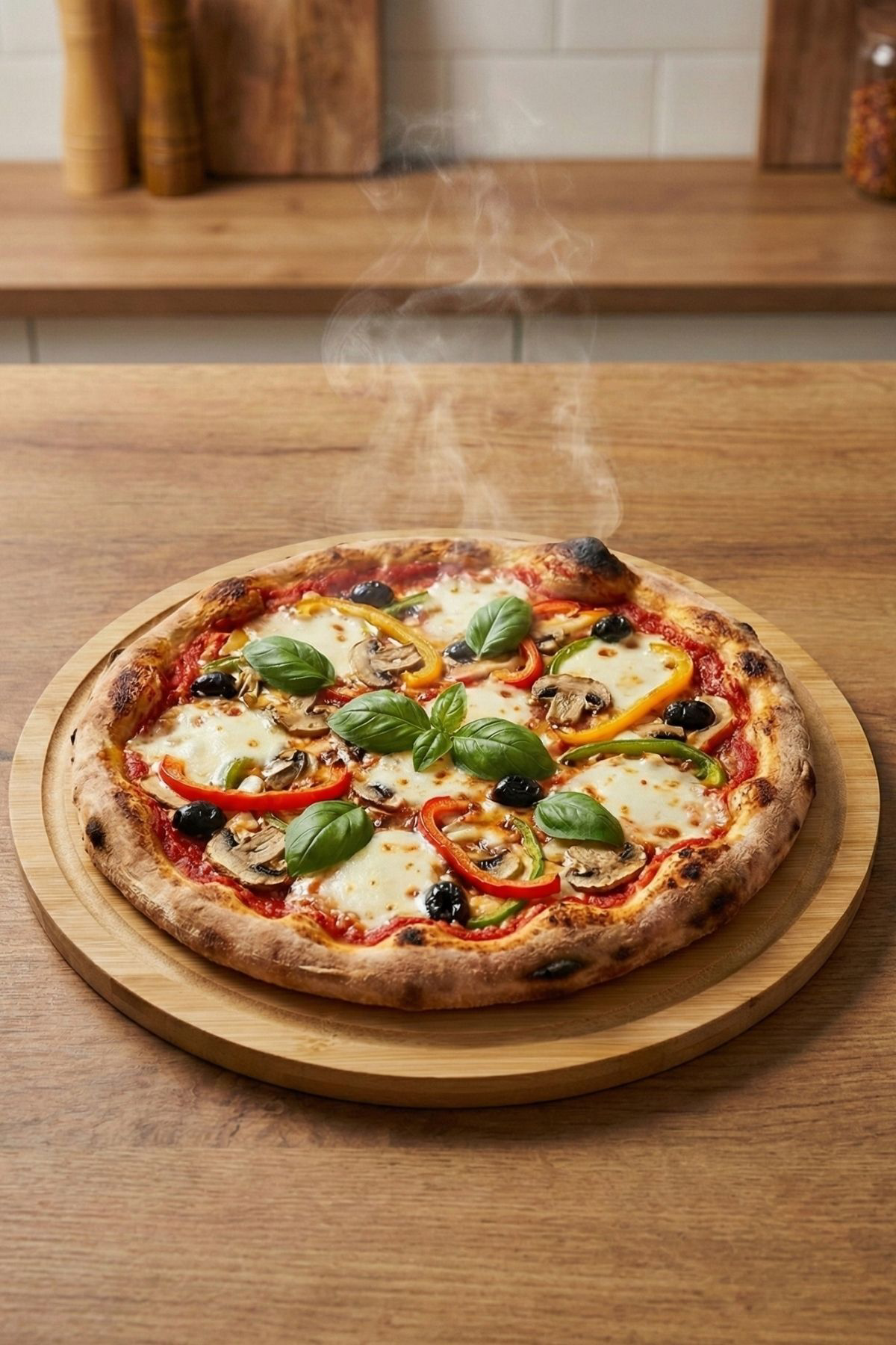 34 Cm Doğal Bambu Yuvarlak Kesme Tahtası, Sunum, Pizza ve Steak T