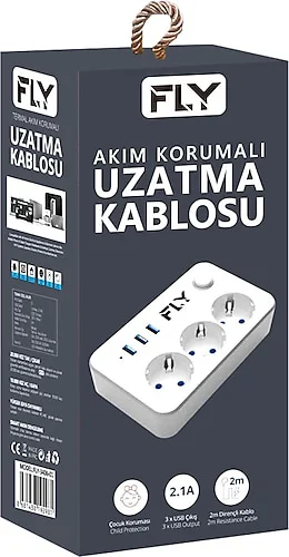 3406-01, 3 Soket, 3 USB, Akım Korumalı Priz, 2.1A, Anahtarlı, 2Mt Kablo, (Beyaz)