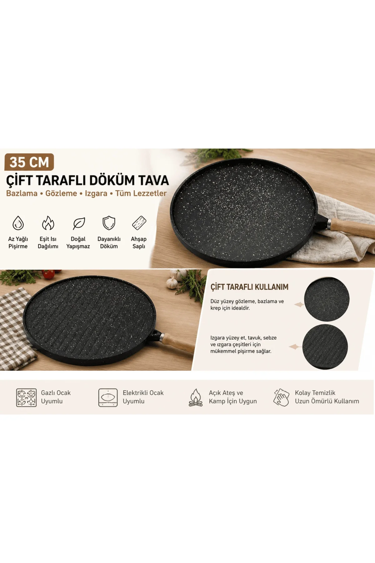 35 Cm Döküm Gözleme Tavası Çift Taraflı Bazlama Izgara Tavası Ahşap Saplı Yapışmaz 35 Cm Döküm Gözleme Tavası Çift Taraflı Bazlama Izgara Tavası Ahşap Saplı Yapışmaz - Görsel 2