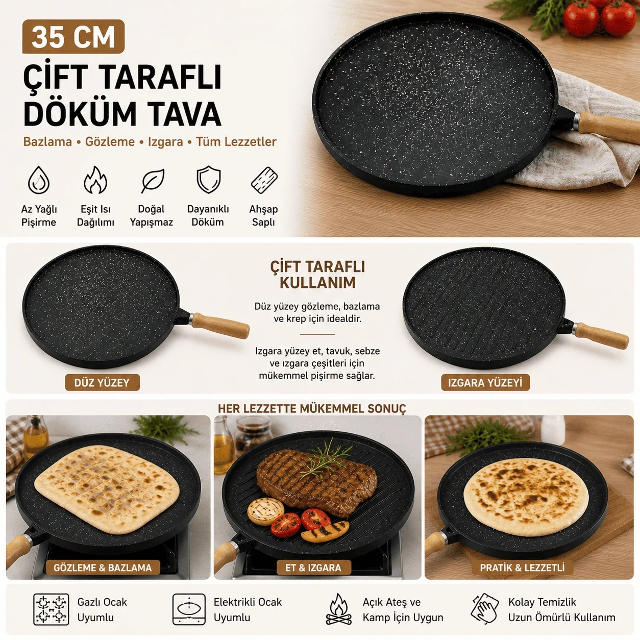 35 Cm Döküm Gözleme Tavası Çift Taraflı Bazlama Izgara Tavası Ahşap Saplı Yapışmaz 35 Cm Döküm Gözleme Tavası Çift Taraflı Bazlama Izgara Tavası Ahşap Saplı Yapışmaz