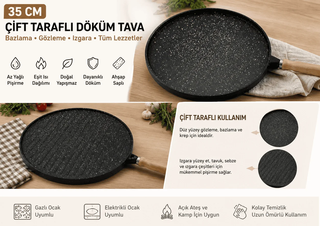 35 cm Döküm Gözleme Tası Çift Taraflı Bazlama Izgara Tası Ahşap Saplı Yapışmaz