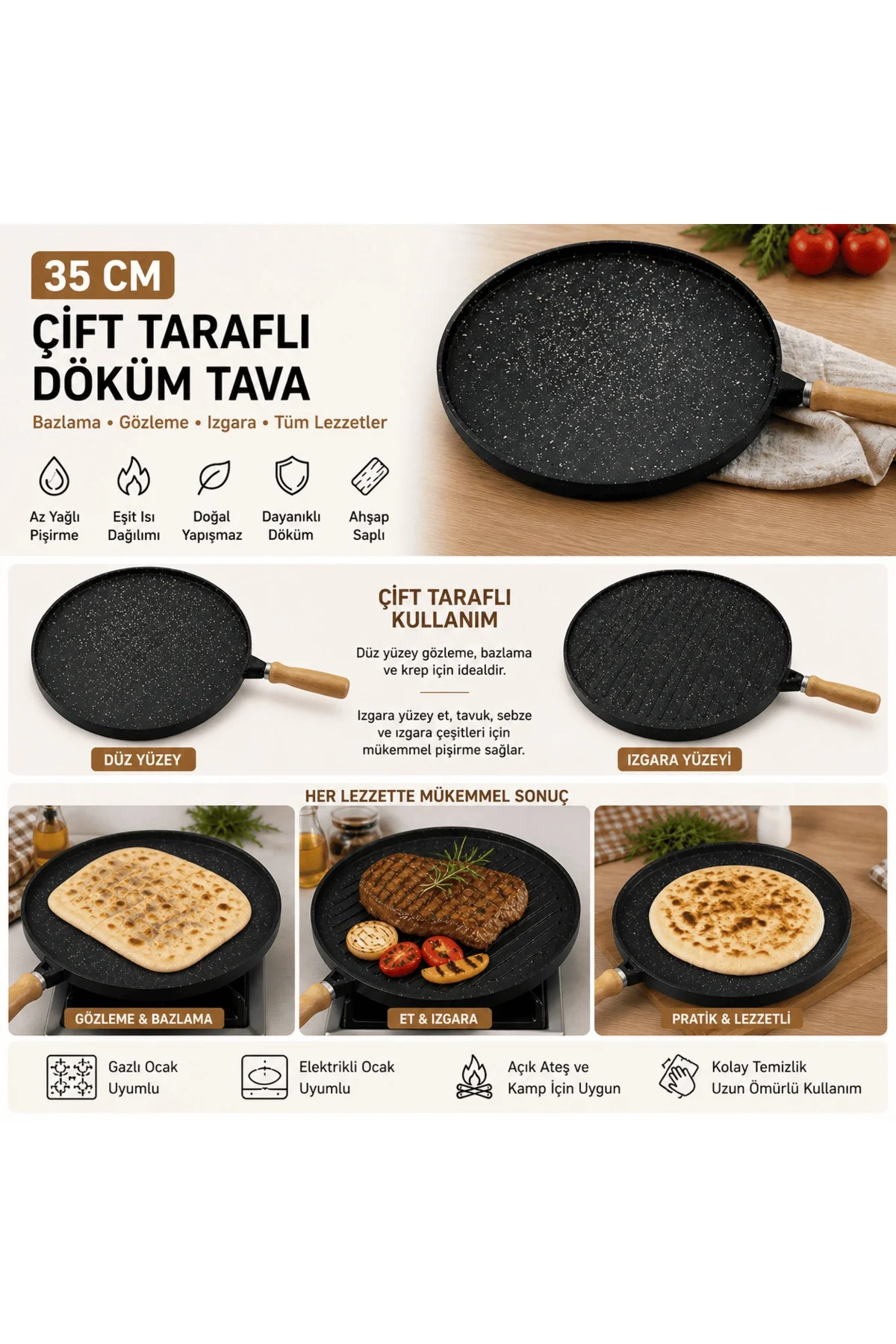 35 Cm Döküm Gözleme Tavası Çift Taraflı Bazlama Izgara Tavası Ahşap Saplı Yapışmaz 35 Cm Döküm Gözleme Tavası Çift Taraflı Bazlama Izgara Tavası Ahşap Saplı Yapışmaz