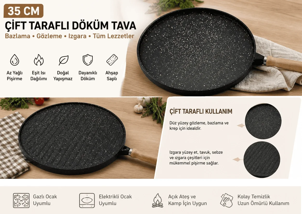35 Cm Döküm Gözleme Tavası Çift Taraflı Bazlama Izgara Tavası Ahşap Saplı Yapışmaz 35 Cm Döküm Gözleme Tavası Çift Taraflı Bazlama Izgara Tavası Ahşap Saplı Yapışmaz