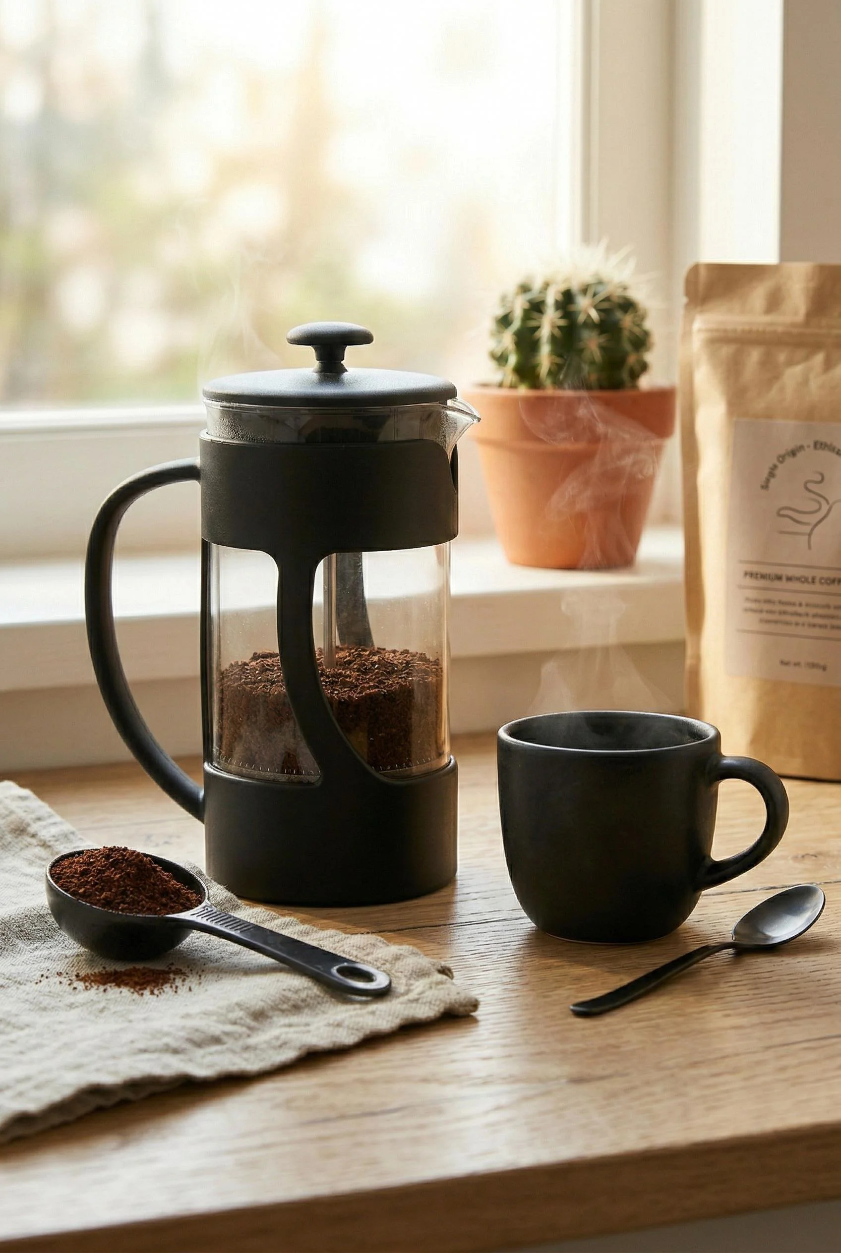 350 ml Borosilikat Cam French Press &amp; Siyah Modern Kahve Ve Bitki Çayı Demleme Gereci