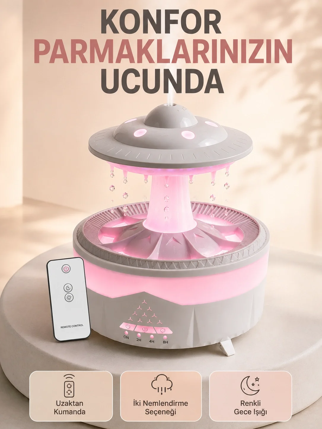 350 ML UFO Tasarımlı Ultrasonik Hava Nemlendirici Yağmur Efektli Gece Lambası Fiyatı, Yorumları ve Özellikleri