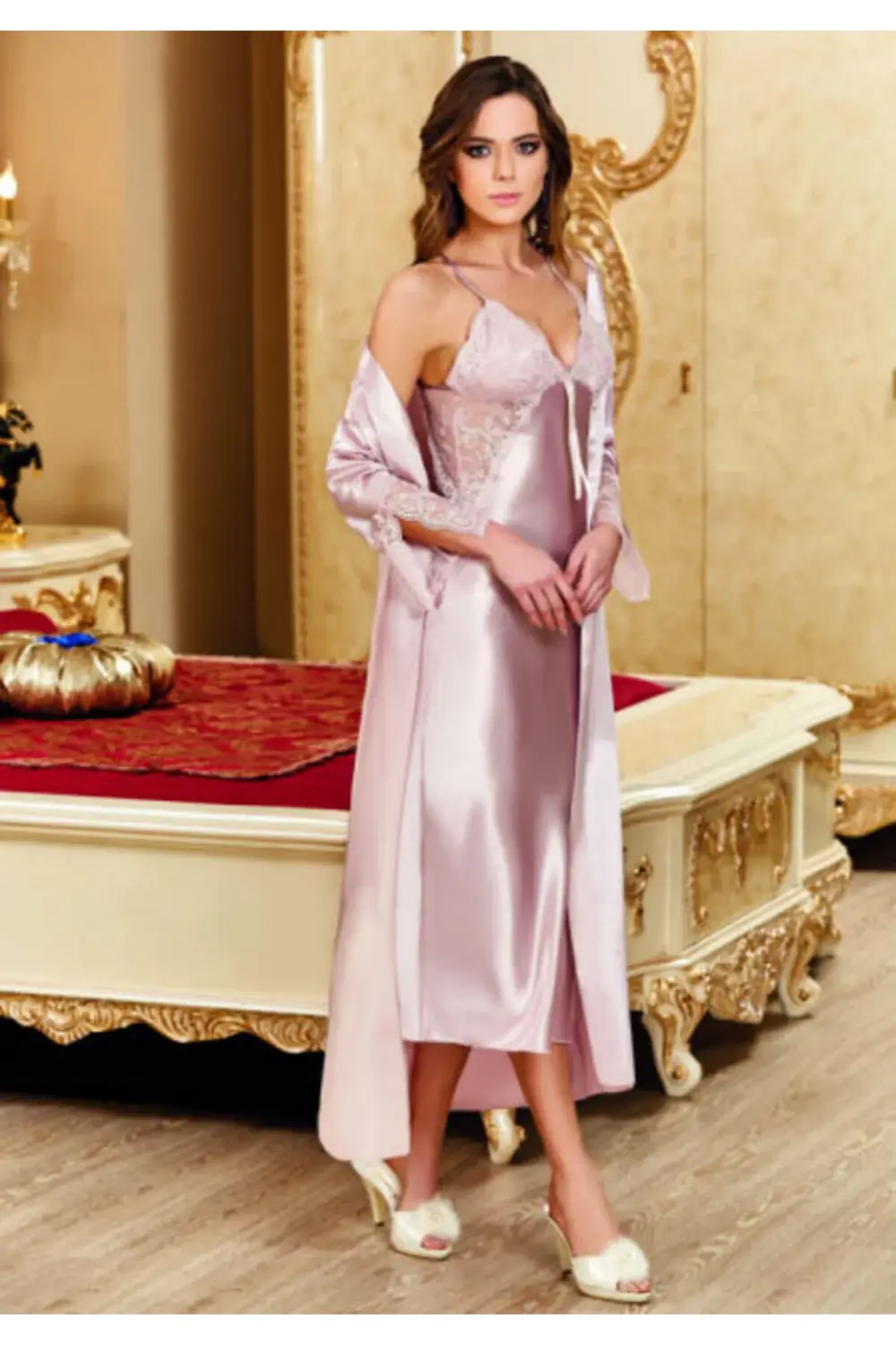 3588 Dantel Sabahlıklı Gecelik Takım XL -Pudra