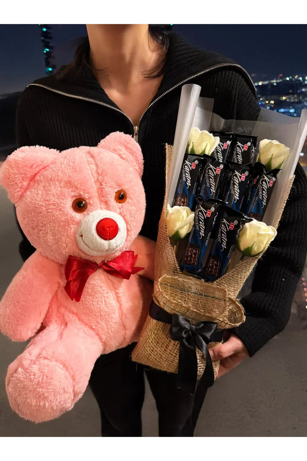 35cm Pembe Ayıcık ve Karam Çikolata Buketi - Sevgiliye - Arkadaşa