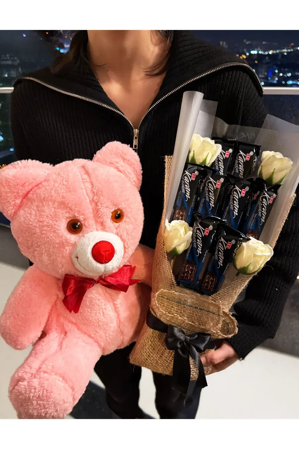 35cm Pembe Ayıcık ve Karam Çikolata Buketi - Sevgiliye - Arkadaşa