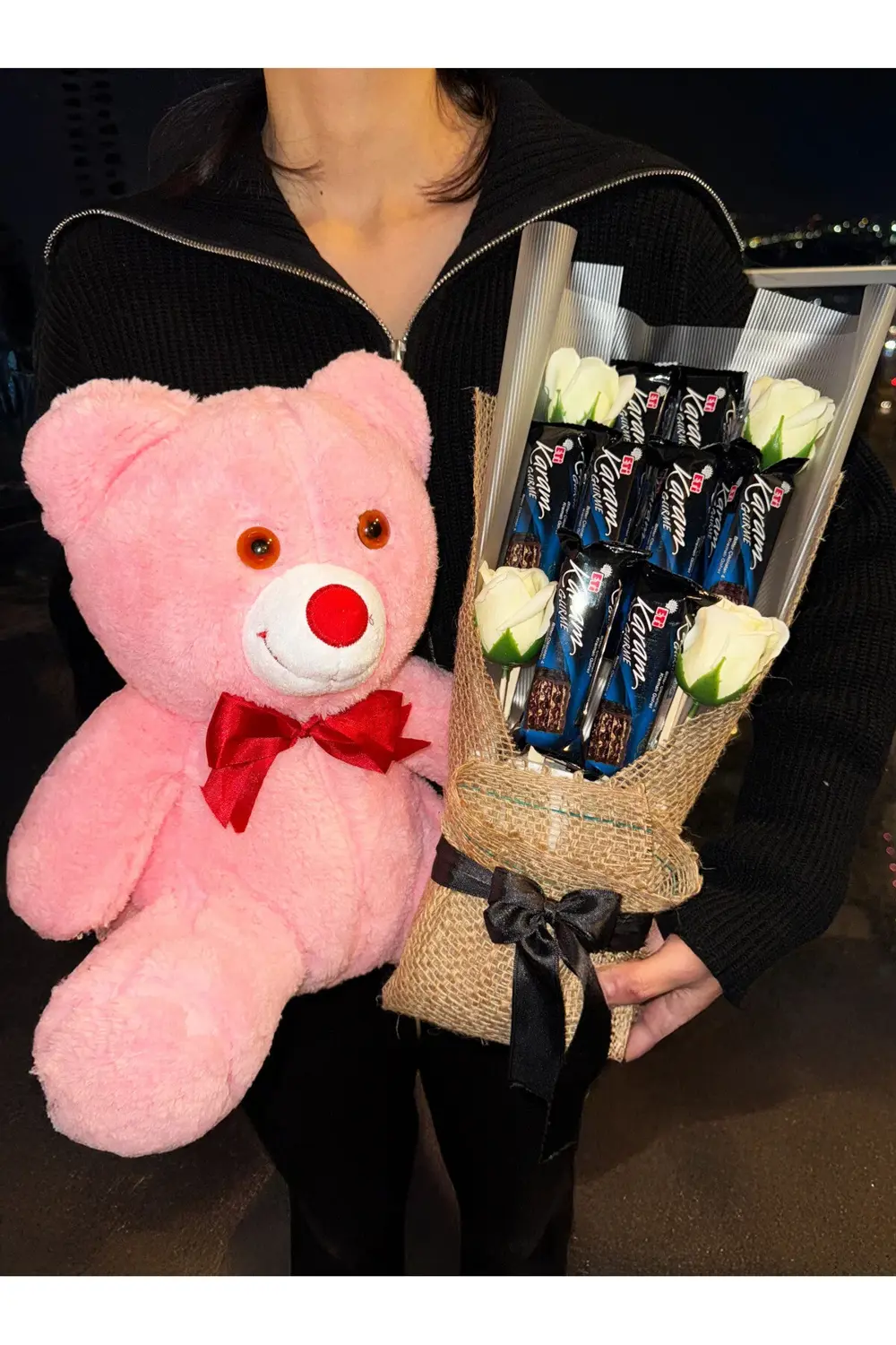 35cm Pembe Ayıcık ve Karam Çikolata Buketi - Sevgiliye - Arkadaşa