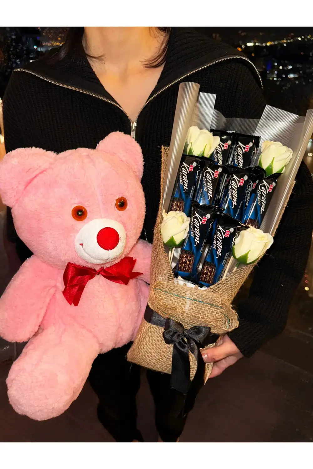 35cm Pembe Ayıcık ve Karam Çikolata Buketi - Sevgiliye - Arkadaşa