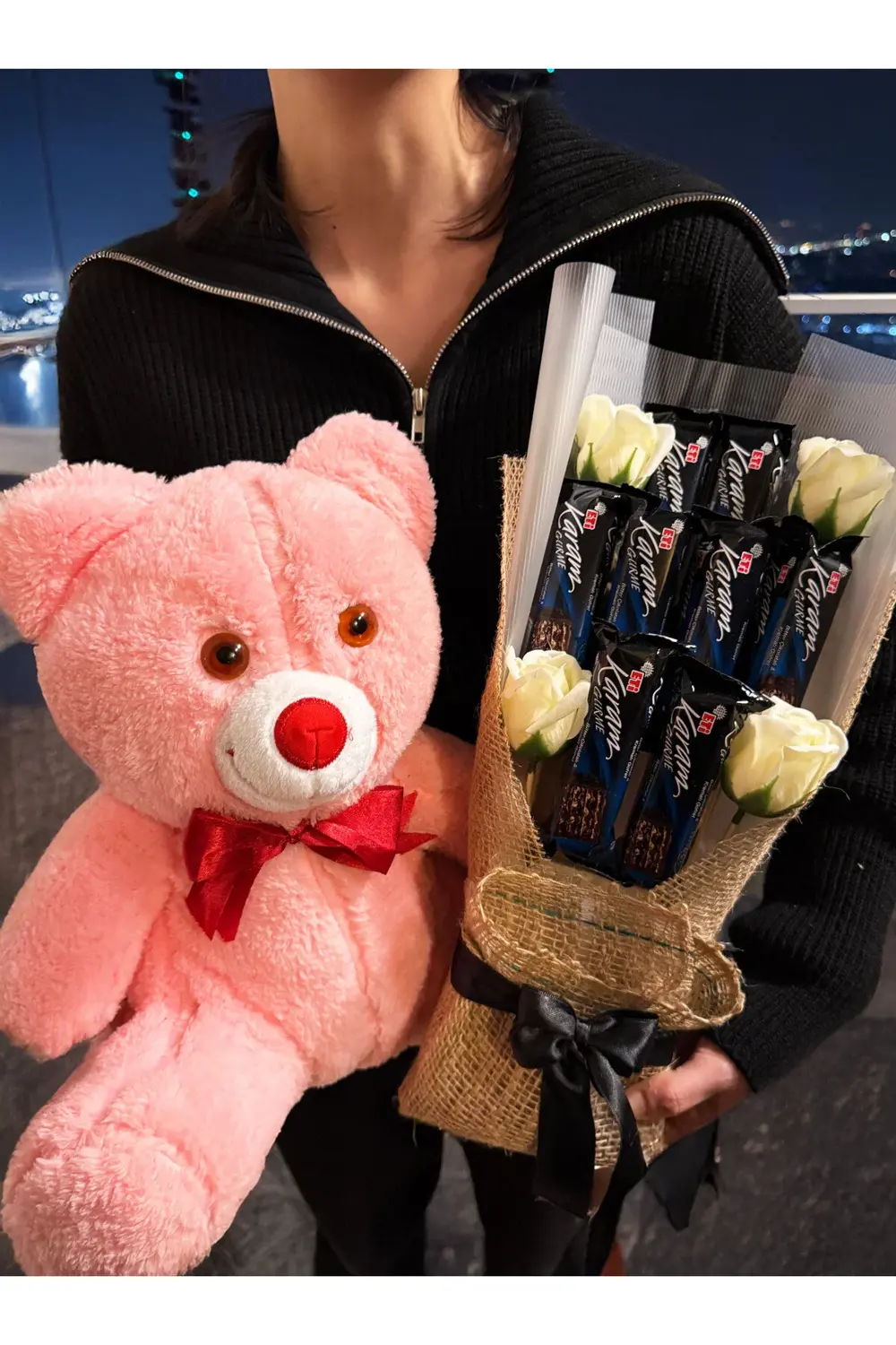 35cm Pembe Ayıcık ve Karam Çikolata Buketi - Sevgiliye - Arkadaşa