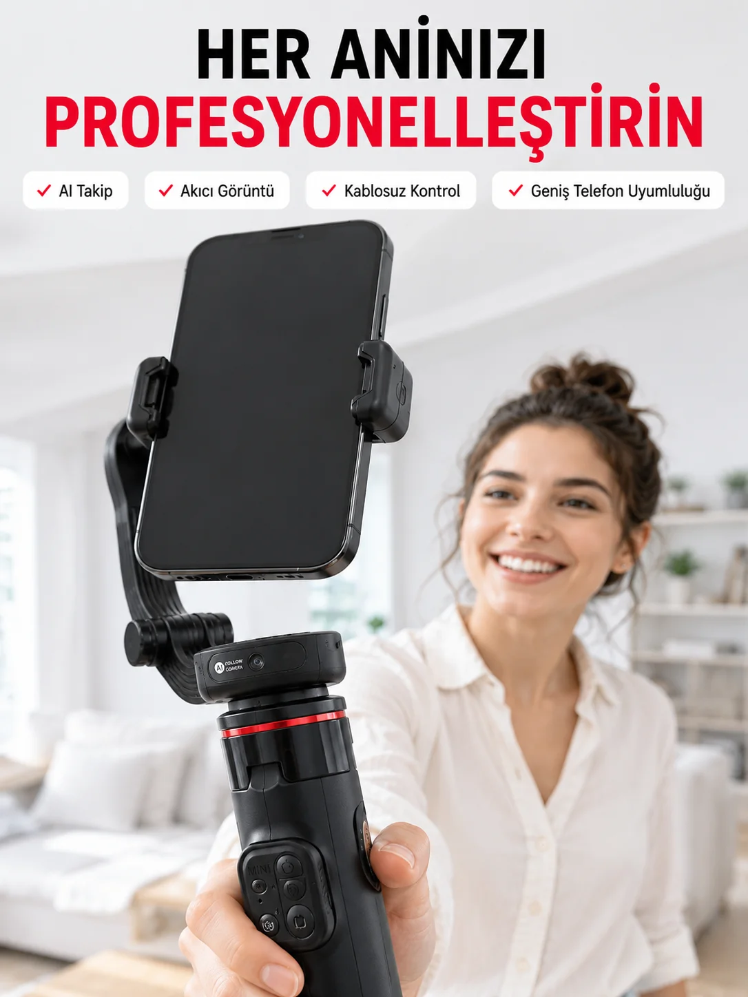 360° AI Akıllı Takipli Selfie Stick Gimbal Stabilizatör Bluetooth Kumandalı Uzayabilir Telefon Tripodu