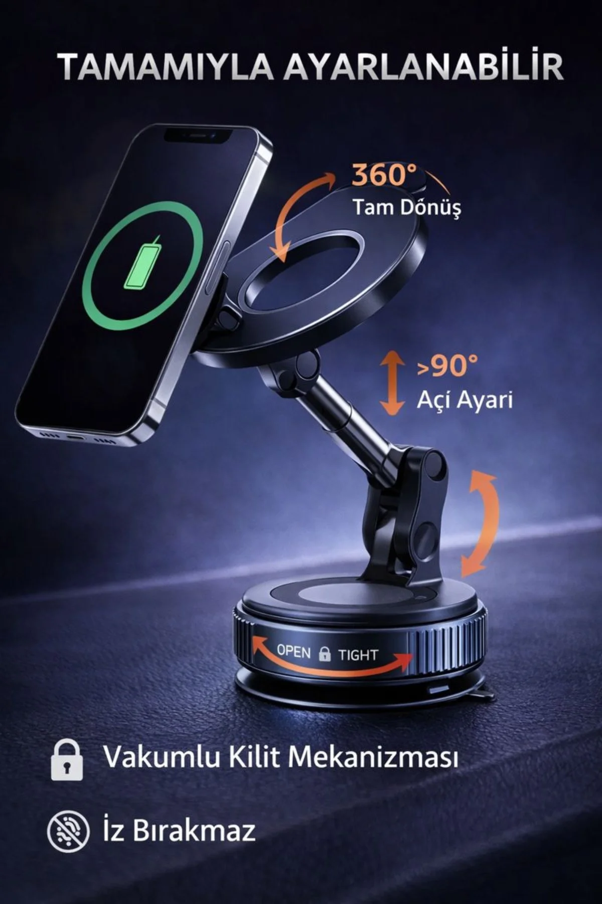 360° Ayarlanabilir Vakumlu Manyetik Telefon Tutucu – Güçlü Mıknatıs, İz Bırakmaz Tasarım