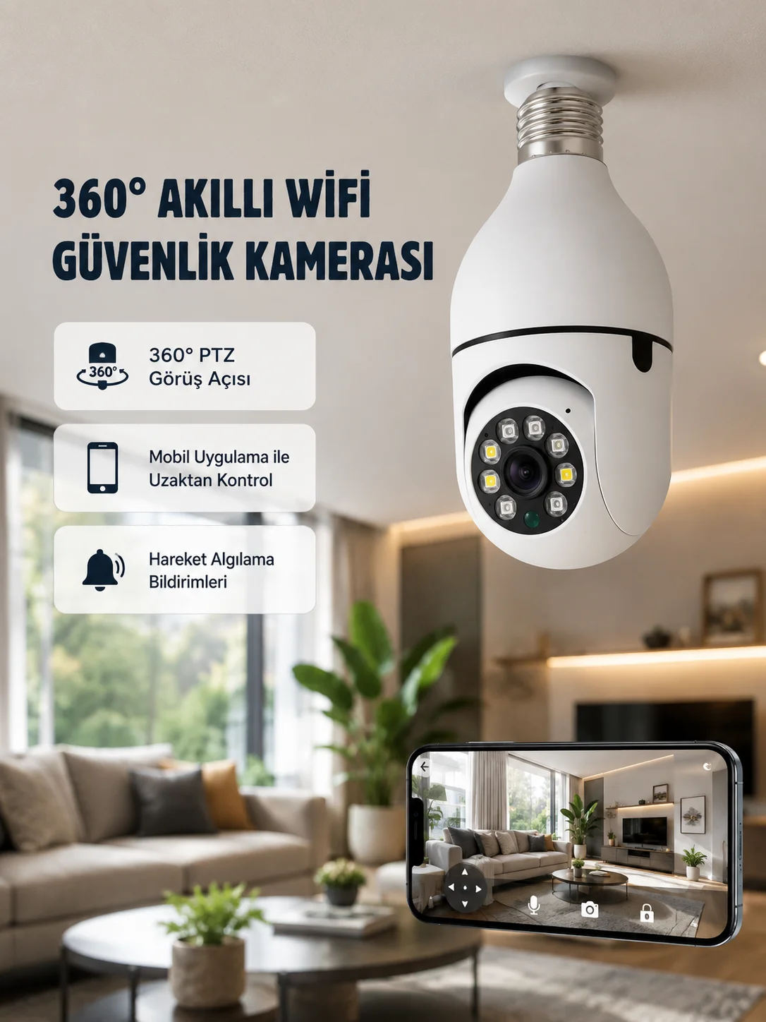 360 Derece Dönebilen Akıllı Duylu Kamera – PTZ, Uzaktan Kontrol, Hareket Algılama 360 Derece Dönebilen Akıllı Duylu Kamera – PTZ, Uzaktan Kontrol, Hareket Algılama