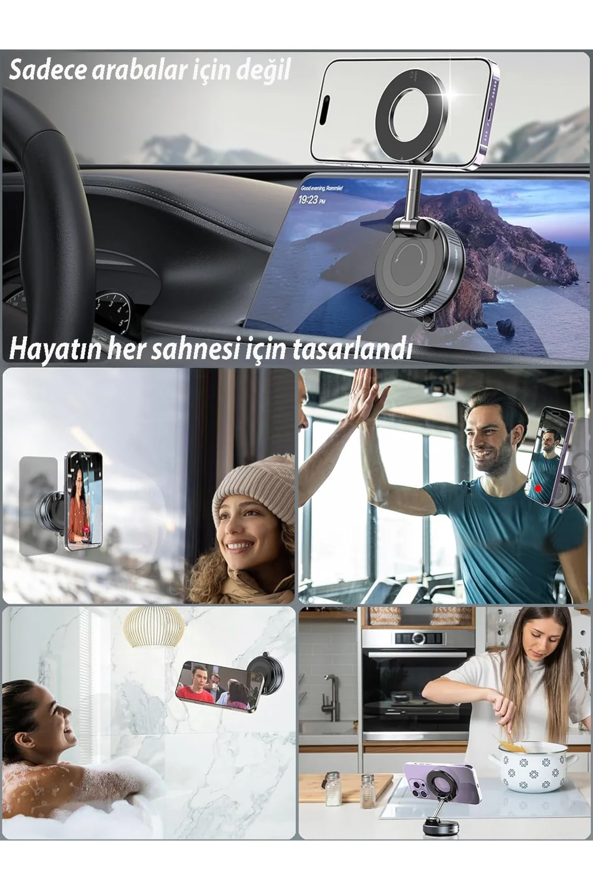 360 derece dönebilen, MagSafe uyumlu vakumlu telefon tutuculu sehpa. Siyah renklidir.