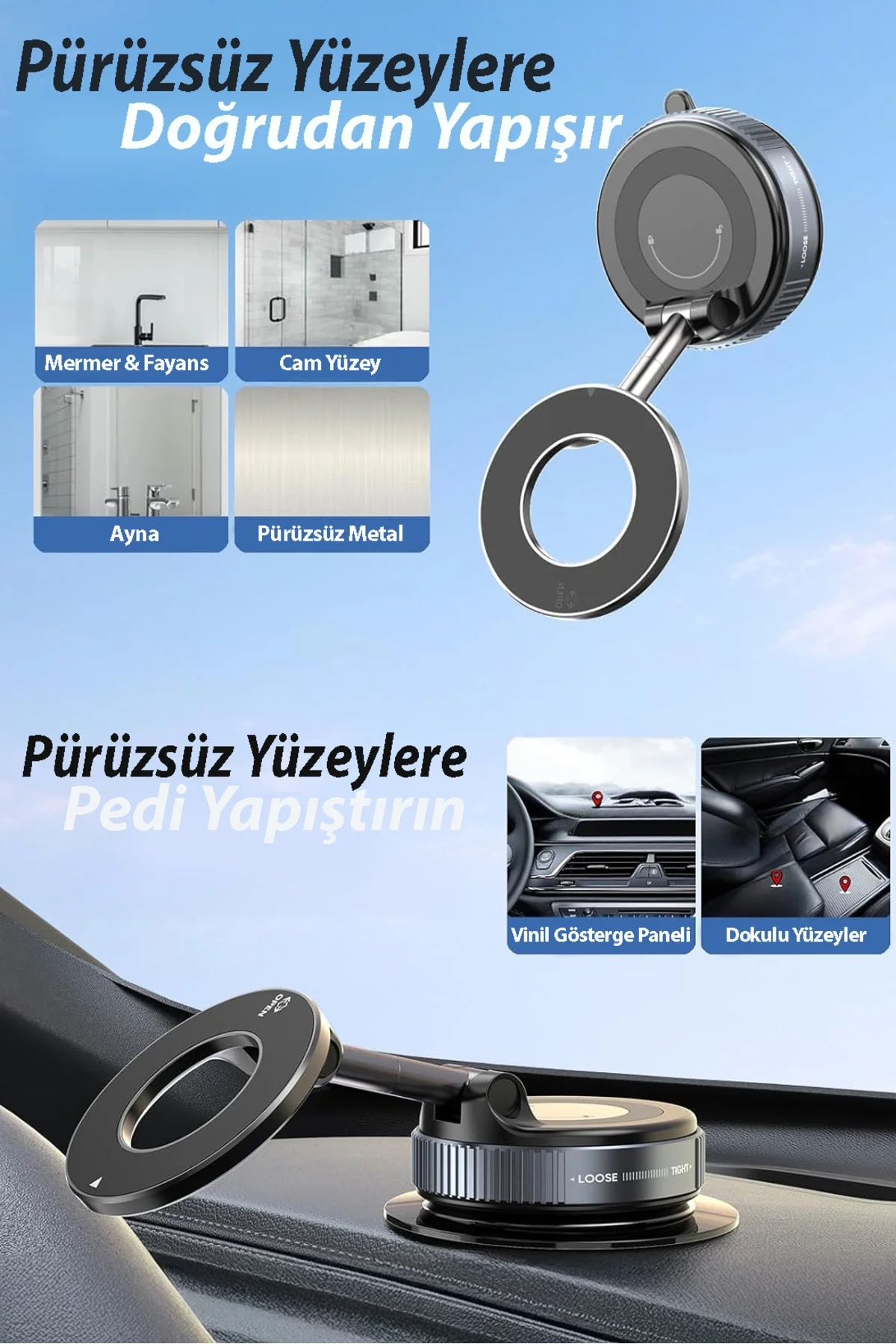 360 derece dönebilen, MagSafe uyumlu vakumlu telefon tutuculu sehpa. Siyah renklidir.