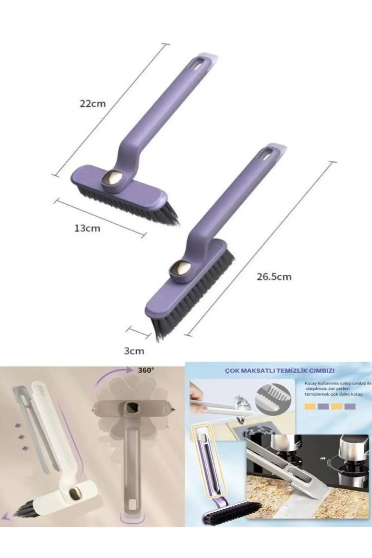 360 Derece Döner Başlıklı Temizlik Fırçası Cımbızlı Dar Alan Toz 