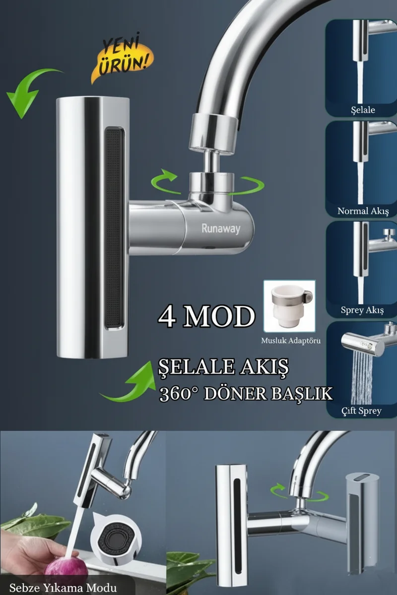 360 Derece Döner Musluk Başlığı Su Tasarruflu, 2'li Mod Köpük & S