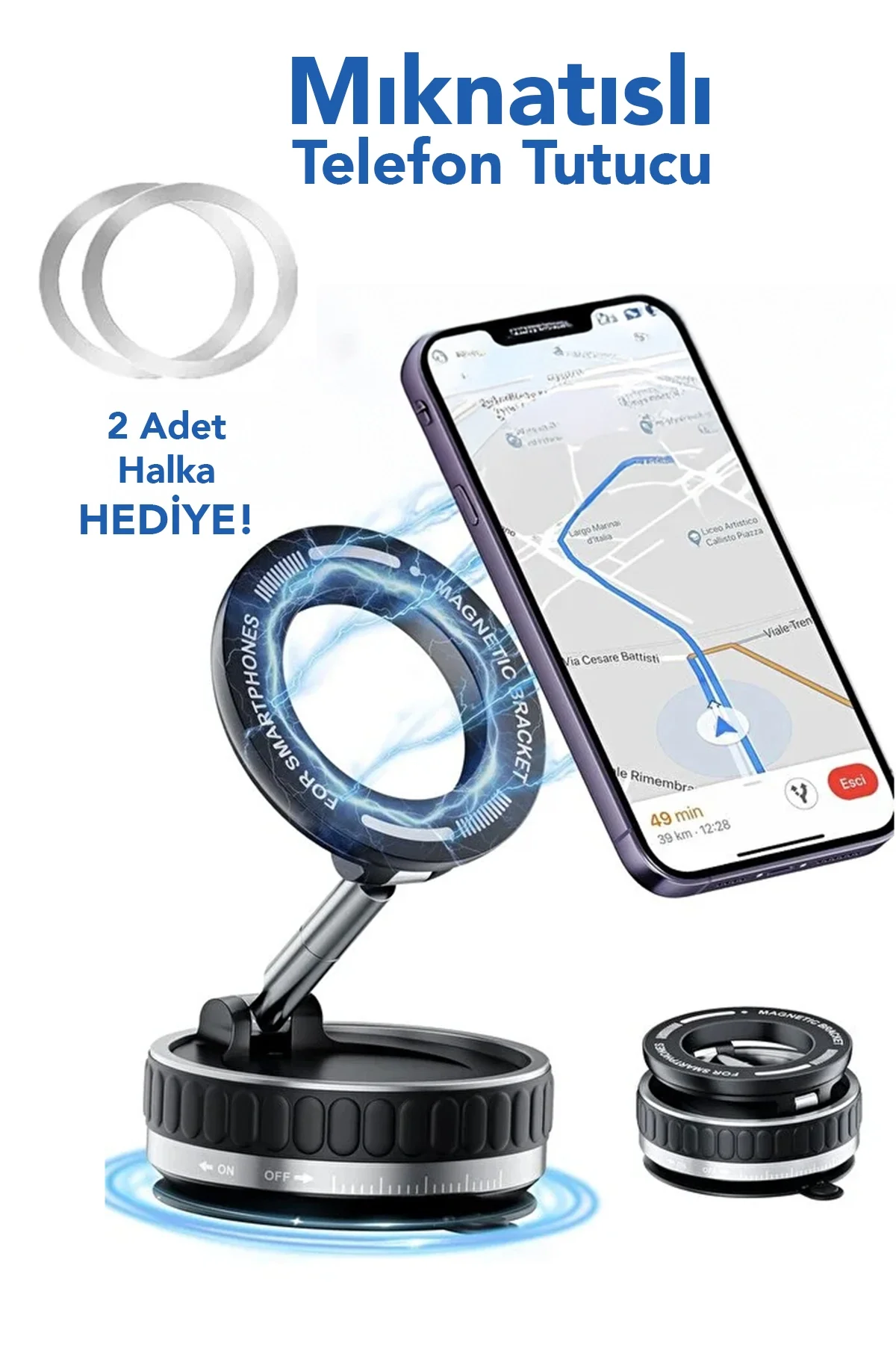 360 Dönebilen Telefon Tutucu - Ayarlanabilir Mıknatıslı Vakumlu Araç İçi Telefon Tutucu