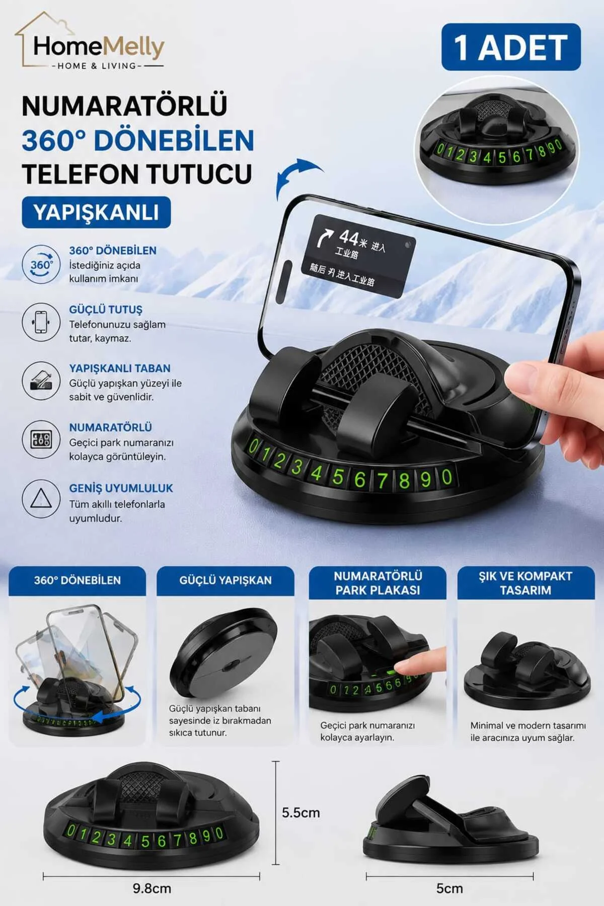 360° Dönebilen Yapışkanlı Numaratörlü Araç Telefon Tutucu 360° Dönebilen Yapışkanlı Numaratörlü Araç Telefon Tutucu