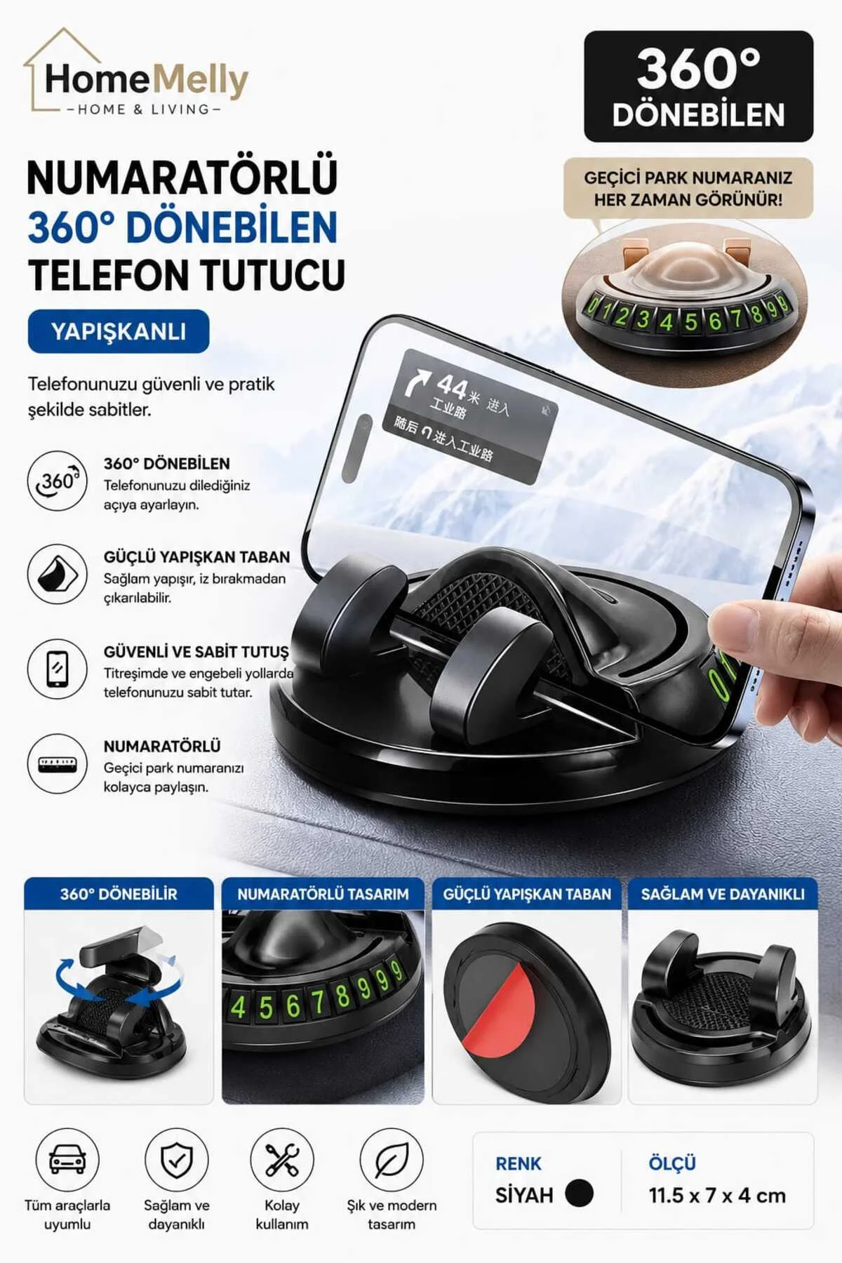 360° Dönebilen Yapışkanlı Numaratörlü Araç Telefon Tutucu 360° Dönebilen Yapışkanlı Numaratörlü Araç Telefon Tutucu