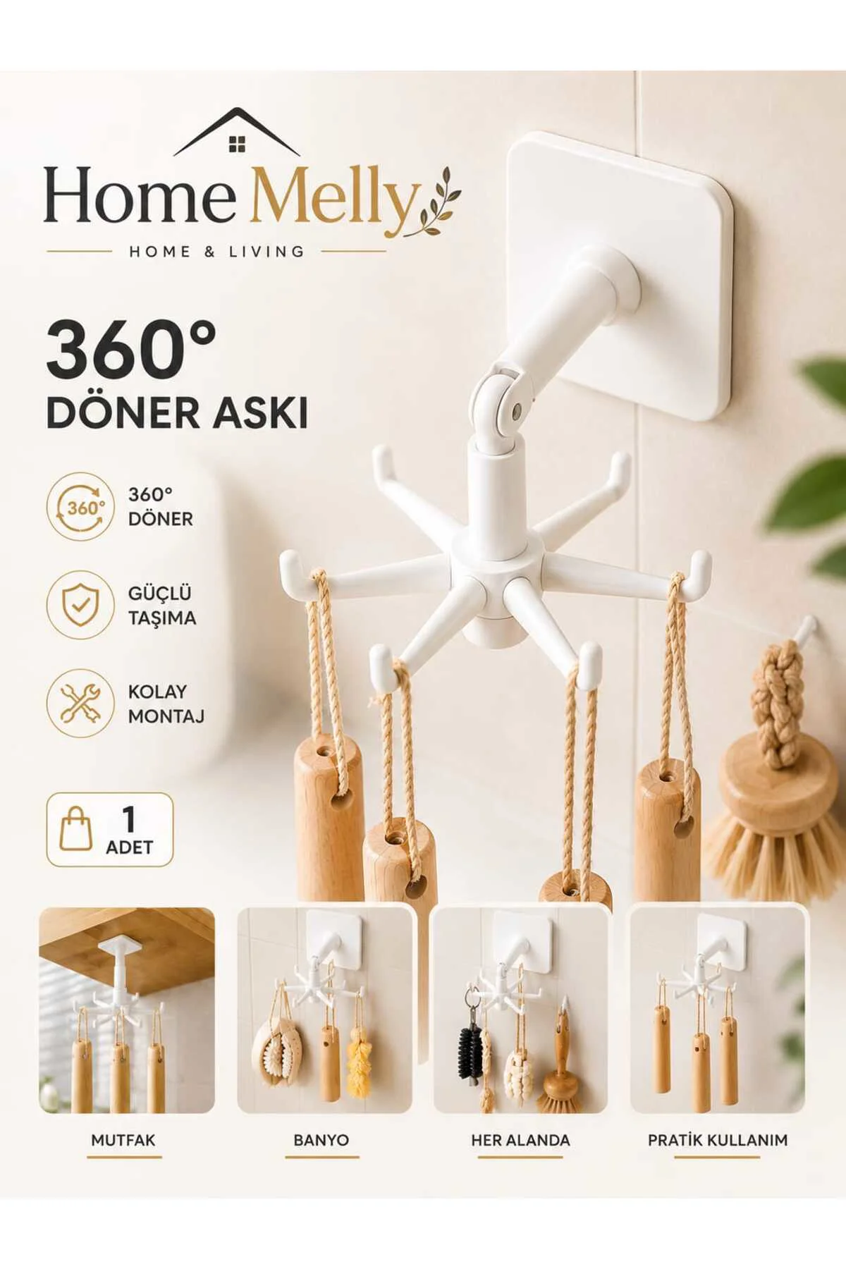 360° Dönen Çok Amaçlı Yapışkanlı Beyaz Banyo & Mutfak Askısı – Organizer, Bardak Ve Takı Askılığı