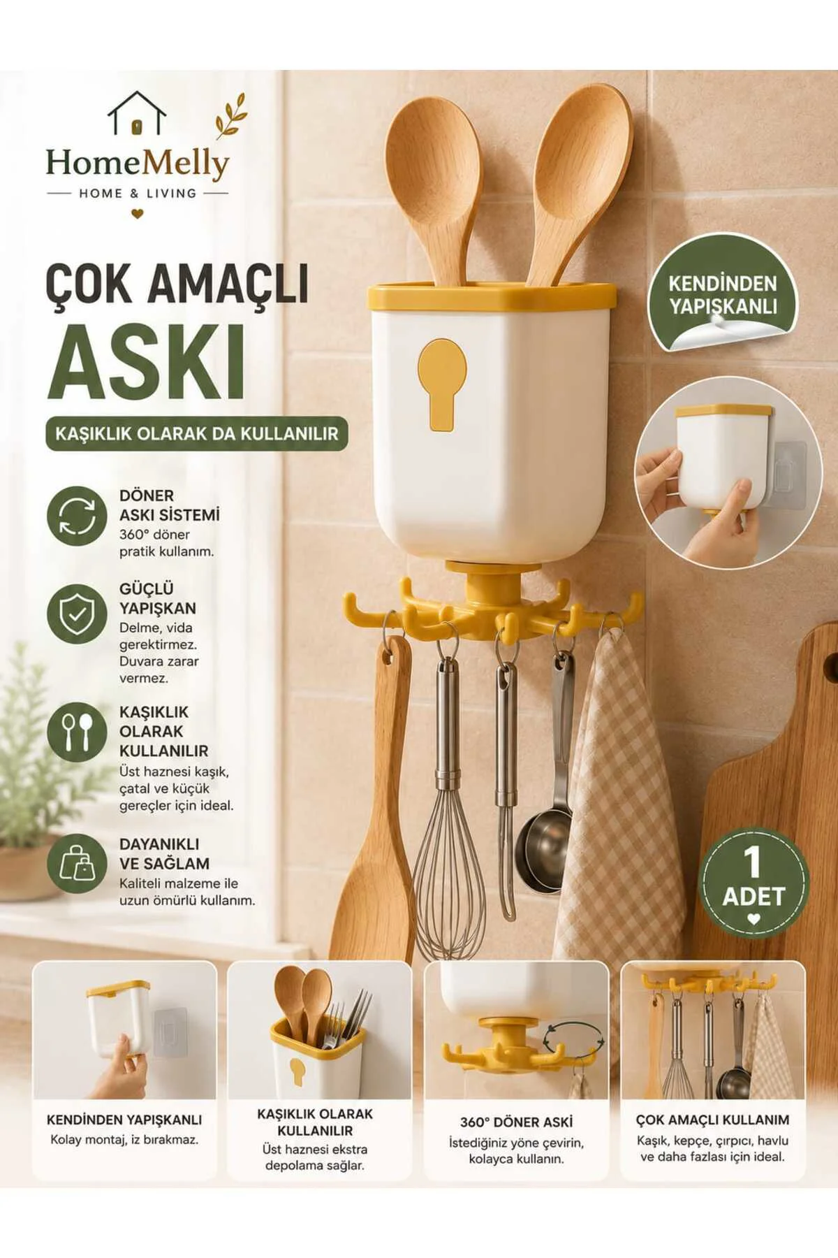 360° Dönen Yapışkanlı 6 Kancalı Mutfak Askılığı Duvar Organizeri Kepçe Kaşık Kupa Askısı